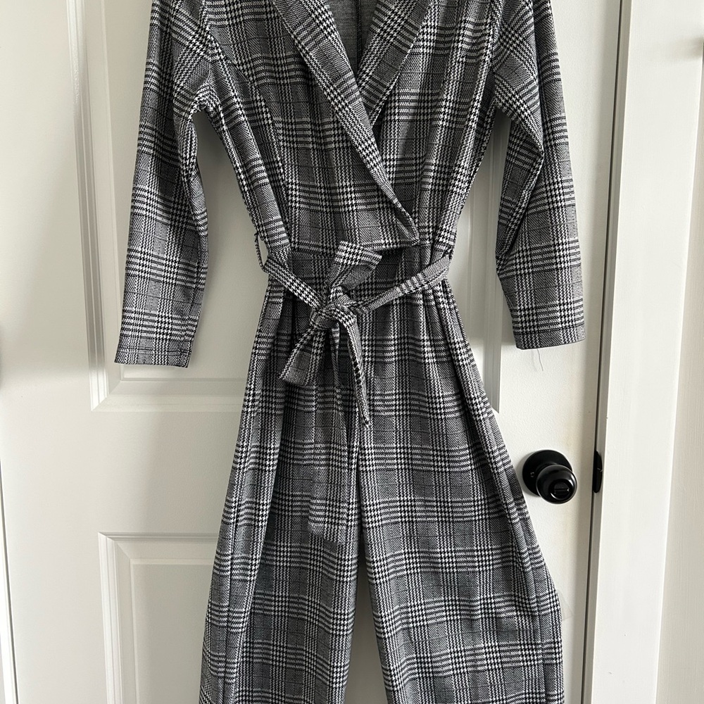 Gray and Black Plaid Jumpsuit with Wrap-Style Front